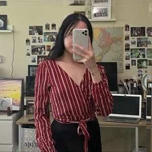 garage long sleeve striped wrap top